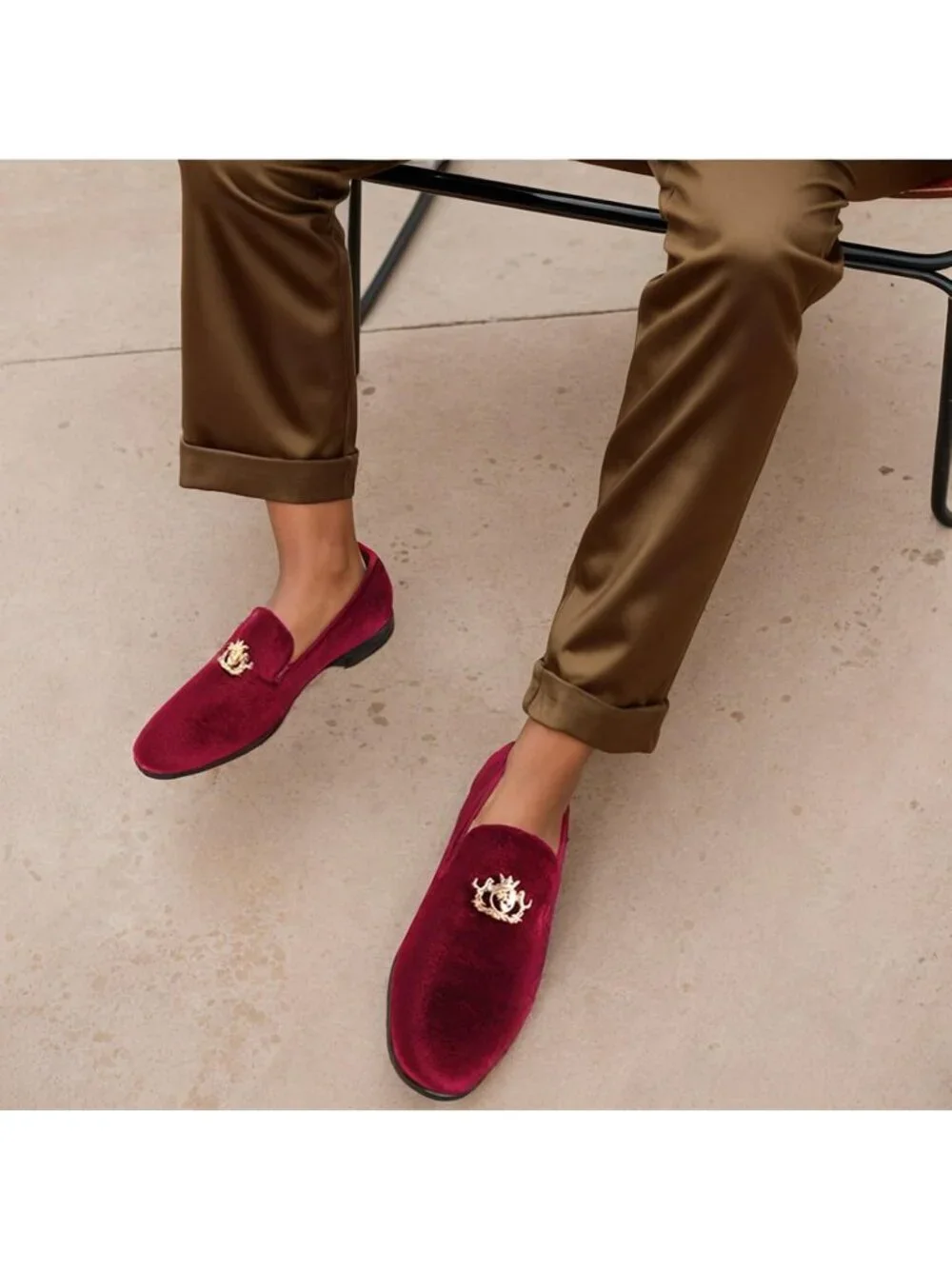 Cenprmon Men's Burgundy Elegant Velvet Loafers Metal Buckle Penny Slip On Shoes